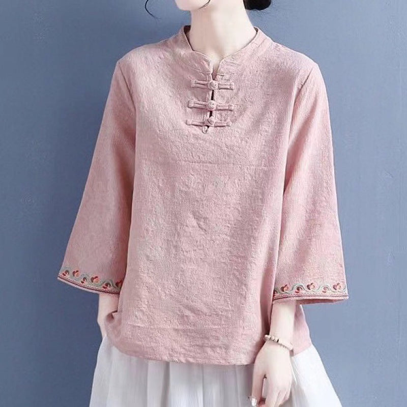 Artistic Cotton Linen Jacquard Embroidered Bell Sleeve Shirt - Meat Powder / M