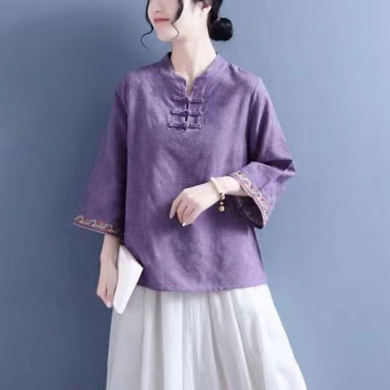 Artistic Cotton Linen Jacquard Embroidered Bell Sleeve Shirt - Purple / M