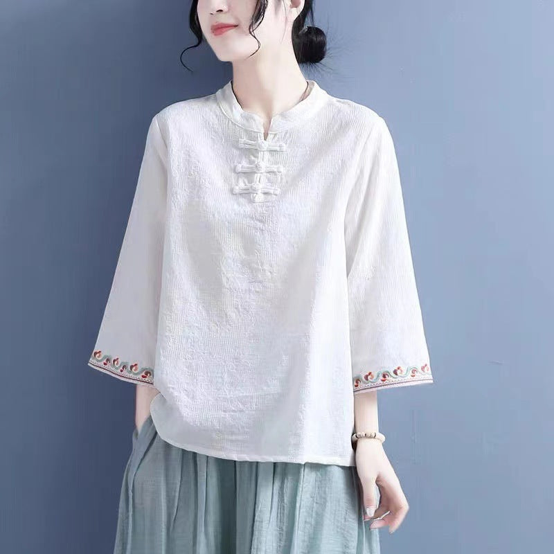 Artistic Cotton Linen Jacquard Embroidered Bell Sleeve Shirt - White / M