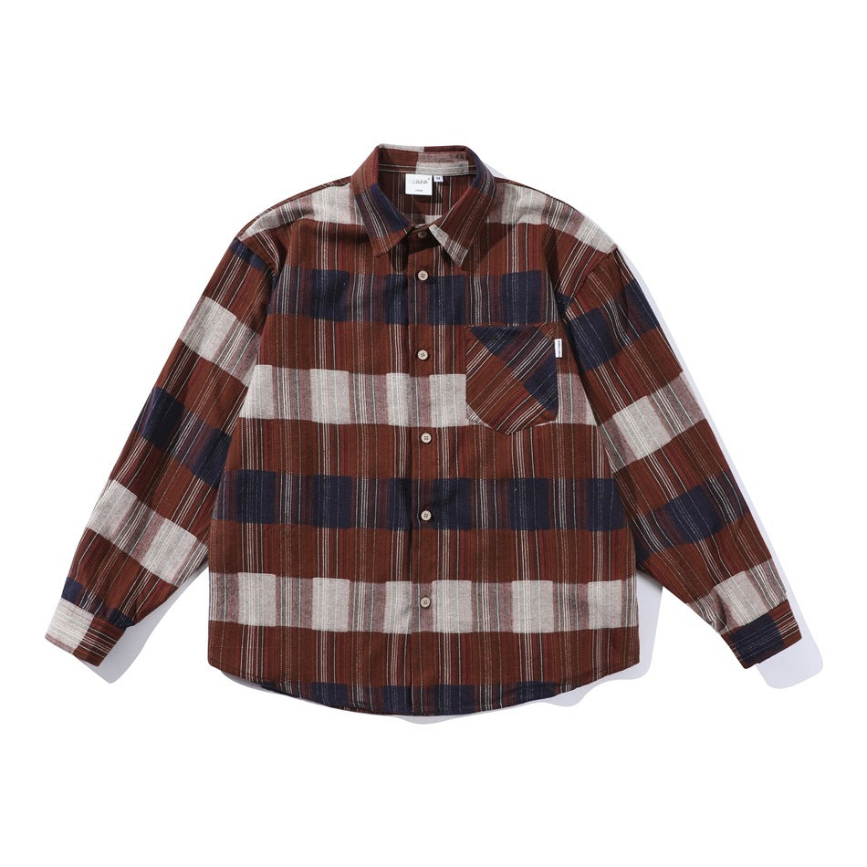 Retro Loose Long Sleeve Shirt Striped Shirt - Brown / M