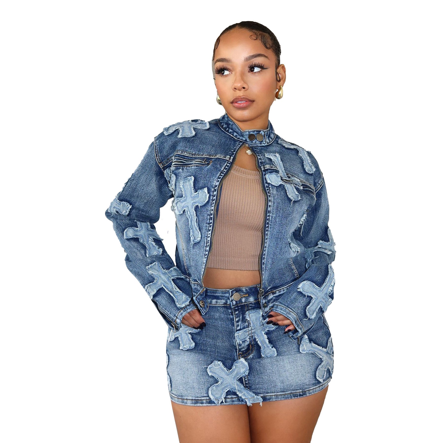 Denim Embroidered Short Skirt Jacket Suits Suit - Light Blue / S