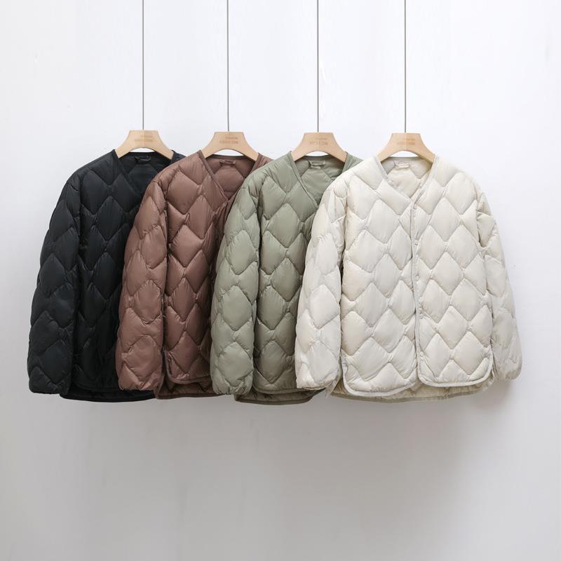 Women’s Short Liner Plus Size Diamond Lattice White Duck Down V-neck Coat