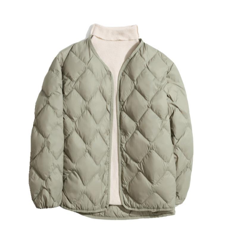 Women’s Short Liner Plus Size Diamond Lattice White Duck Down V-neck Coat - Bean Green / M