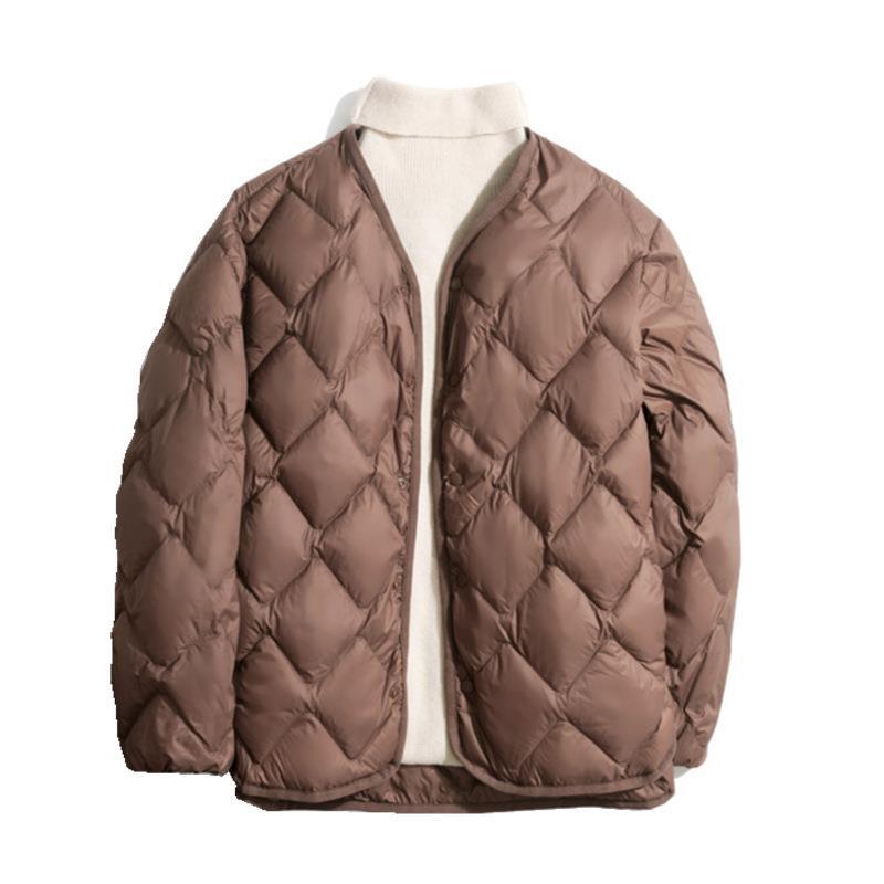 Women’s Short Liner Plus Size Diamond Lattice White Duck Down V-neck Coat - Brown / M