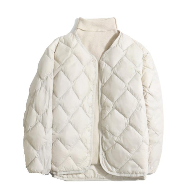 Women’s Short Liner Plus Size Diamond Lattice White Duck Down V-neck Coat - White / M