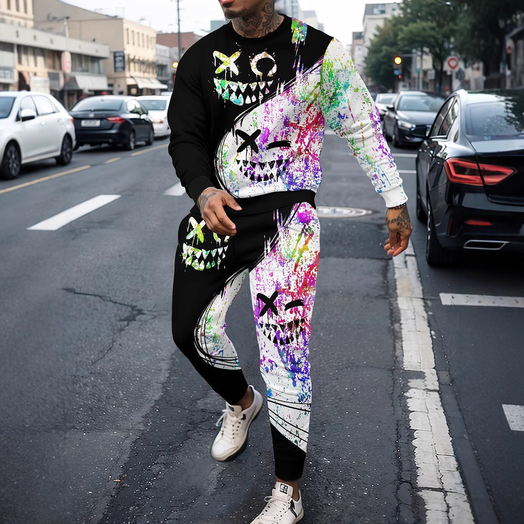 Sports Men’s Clothing Casual Retro Digital Printed Round Neck Sweater Suit