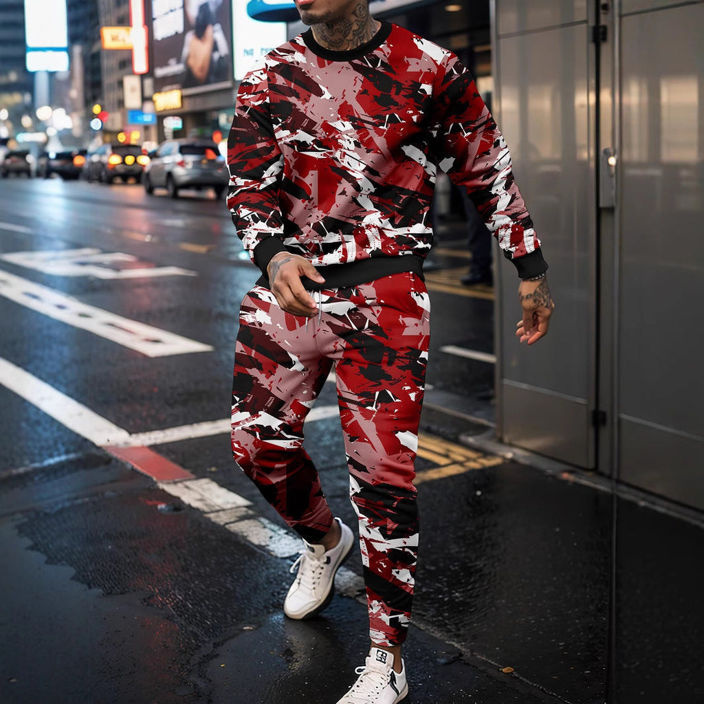 Sports Men’s Clothing Casual Retro Digital Printed Round Neck Sweater Suit