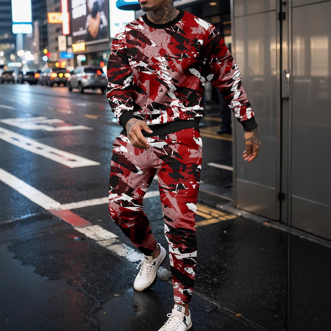 Sports Men’s Clothing Casual Retro Digital Printed Round Neck Sweater Suit