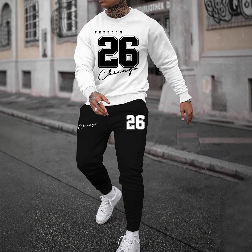 Sports Men’s Clothing Casual Retro Digital Printed Round Neck Sweater Suit