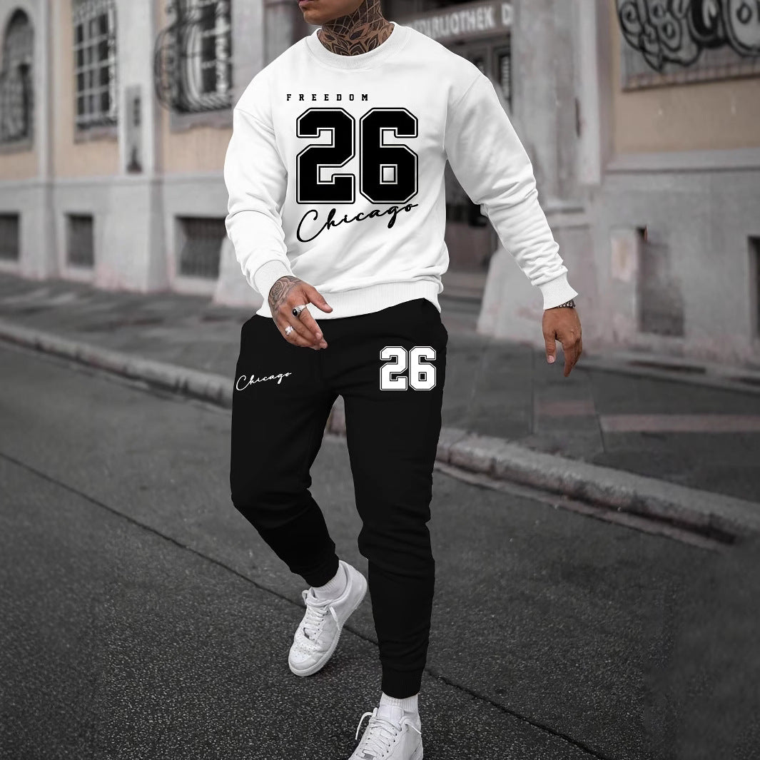 Sports Men’s Clothing Casual Retro Digital Printed Round Neck Sweater Suit