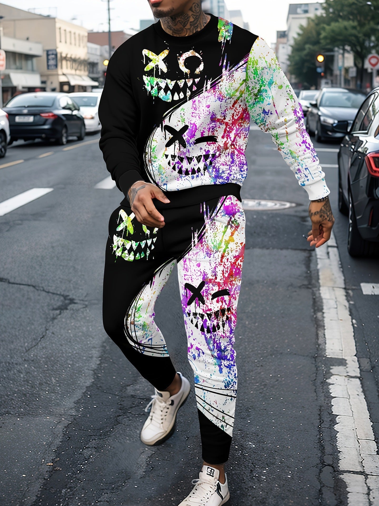 Sports Men’s Clothing Casual Retro Digital Printed Round Neck Sweater Suit - SLLM47611 / XS