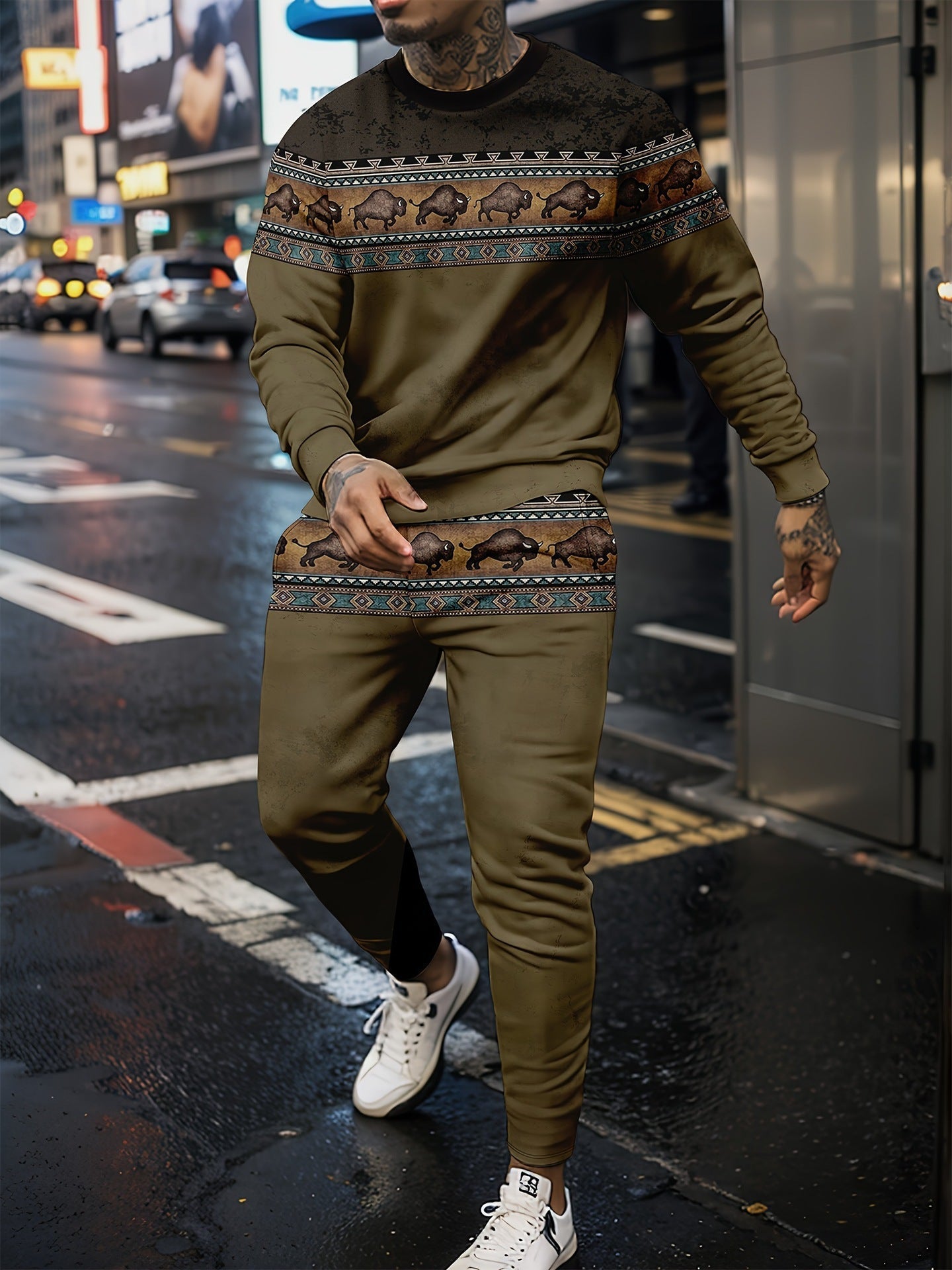 Sports Men’s Clothing Casual Retro Digital Printed Round Neck Sweater Suit - SLLM47613 / XS