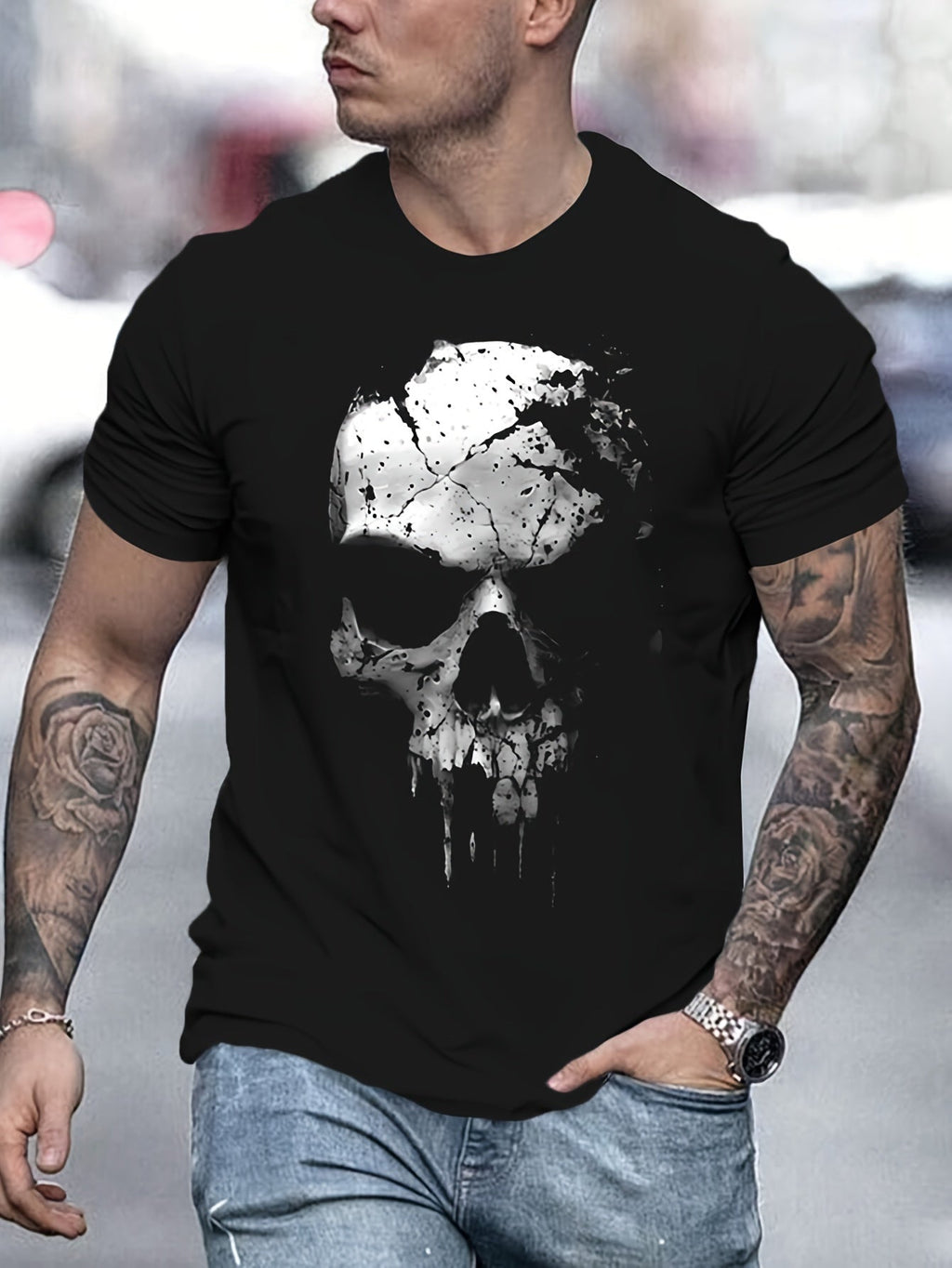 A Novel And Cool Top For Men To Wear Outdoors In Summer Featuring A 3D Digital Shattered Skull Pattern And A Round Neck