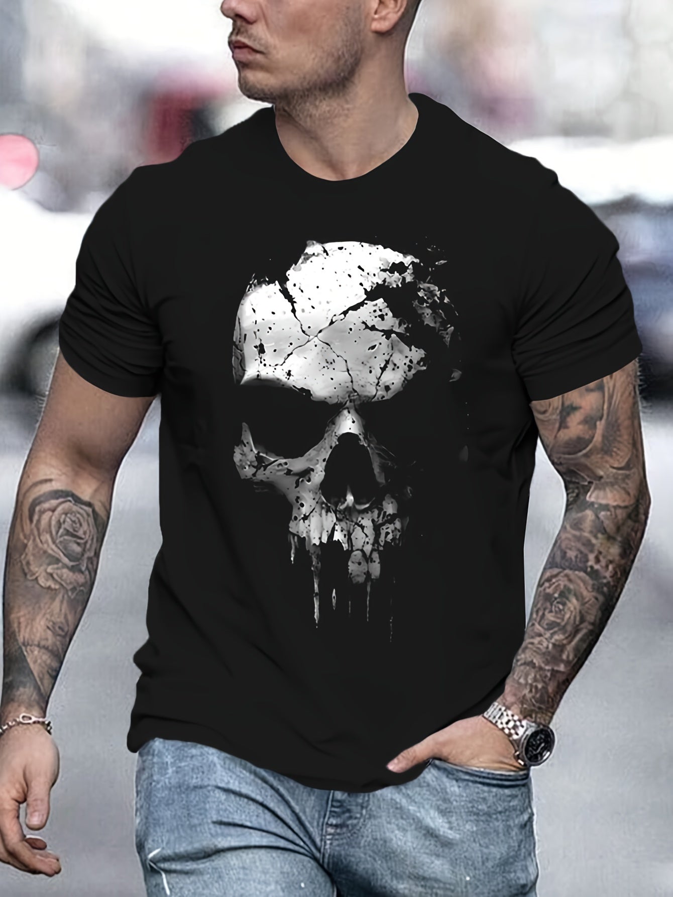 A Novel And Cool Top For Men To Wear Outdoors In Summer Featuring A 3D Digital Shattered Skull Pattern And A Round Neck