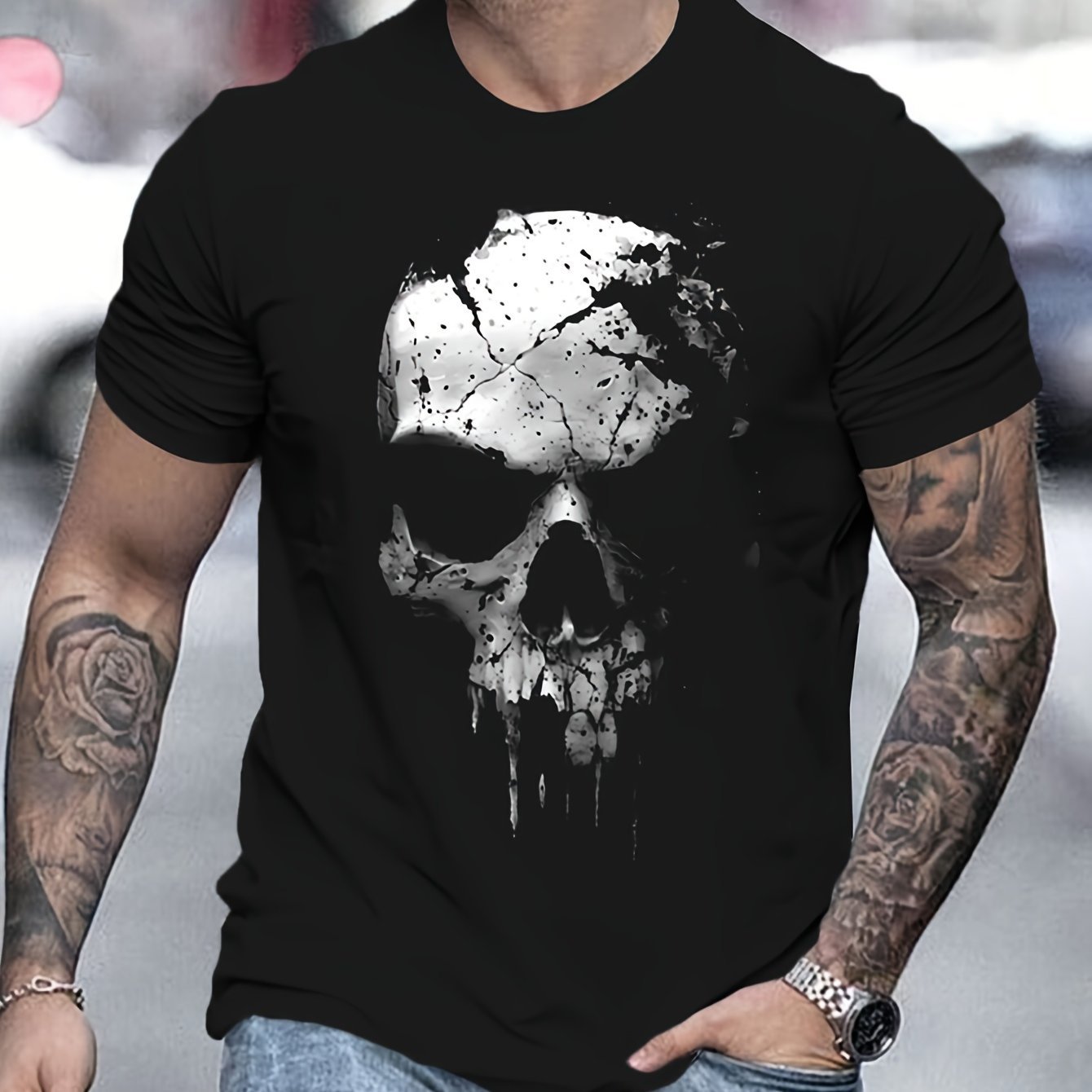 A Novel And Cool Top For Men To Wear Outdoors In Summer Featuring A 3D Digital Shattered Skull Pattern And A Round Neck