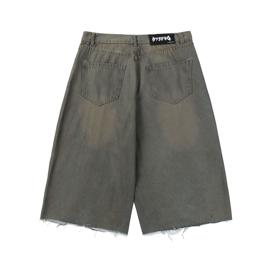 Retro Dirty Dyed Washed Denim Shorts Loose Straight