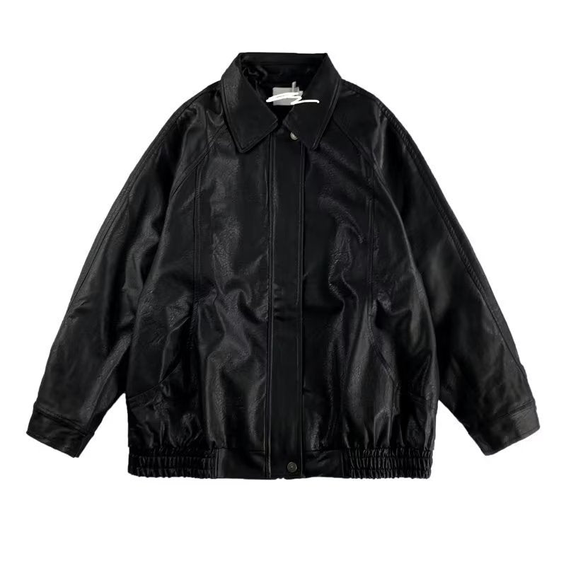 Japanese-style Retro Distressed Lapel Pu Jacket - Black / M