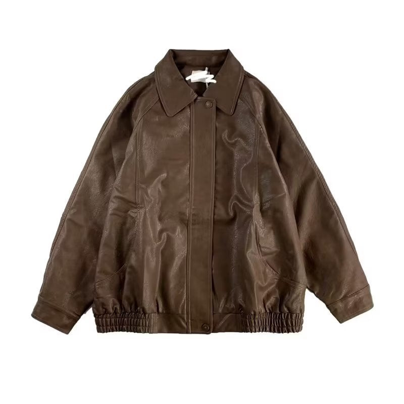 Japanese-style Retro Distressed Lapel Pu Jacket - Brown / M
