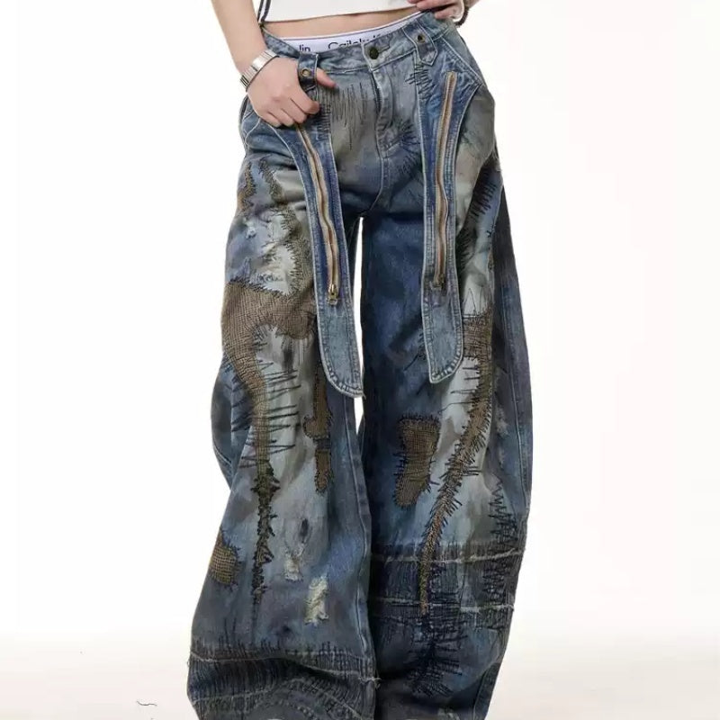 Retro Distressed Stain Dirty Dyed Machete Denim Pants