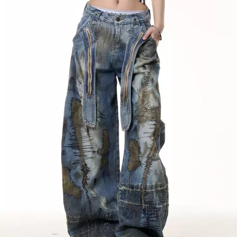 Retro Distressed Stain Dirty Dyed Machete Denim Pants