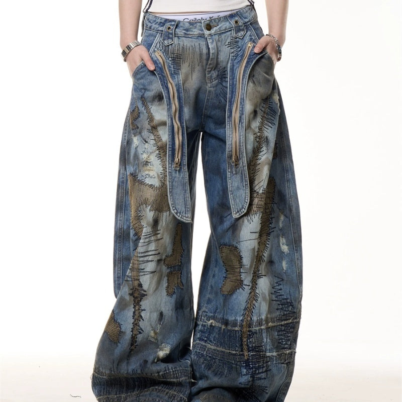 Retro Distressed Stain Dirty Dyed Machete Denim Pants
