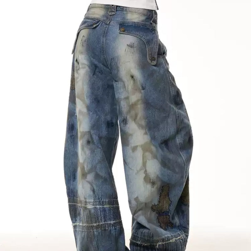 Retro Distressed Stain Dirty Dyed Machete Denim Pants