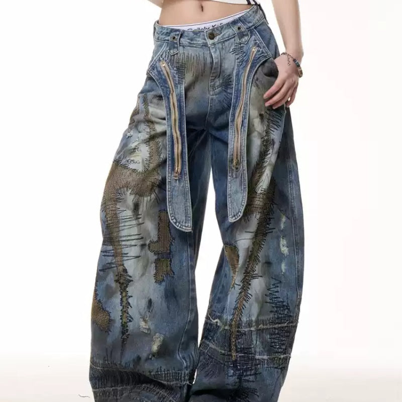Retro Distressed Stain Dirty Dyed Machete Denim Pants