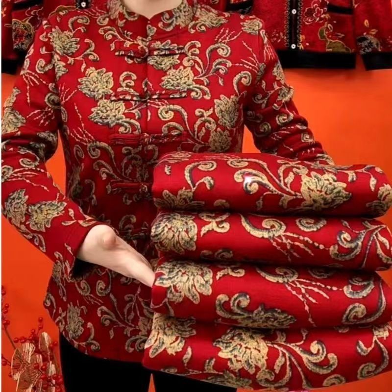 Women’s Thick Retro Ethnic Style Cardigan With Fleece Base - Red Thick / XL