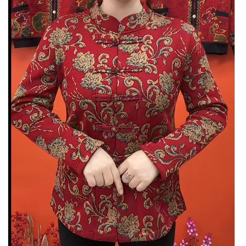 Women’s Thick Retro Ethnic Style Cardigan With Fleece Base - Red Thin / XL