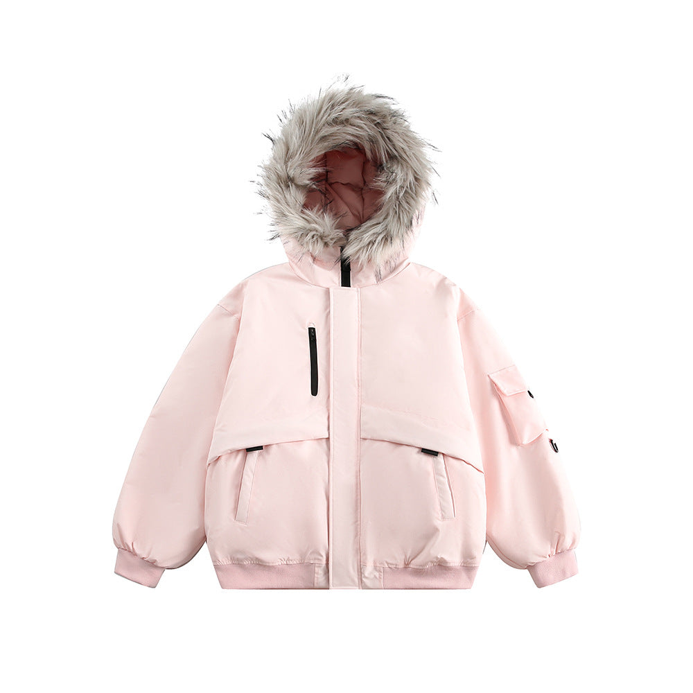 Retro Fur Collar Hood Parka Down Jacket Women’s Winter Thickened - Pink / M