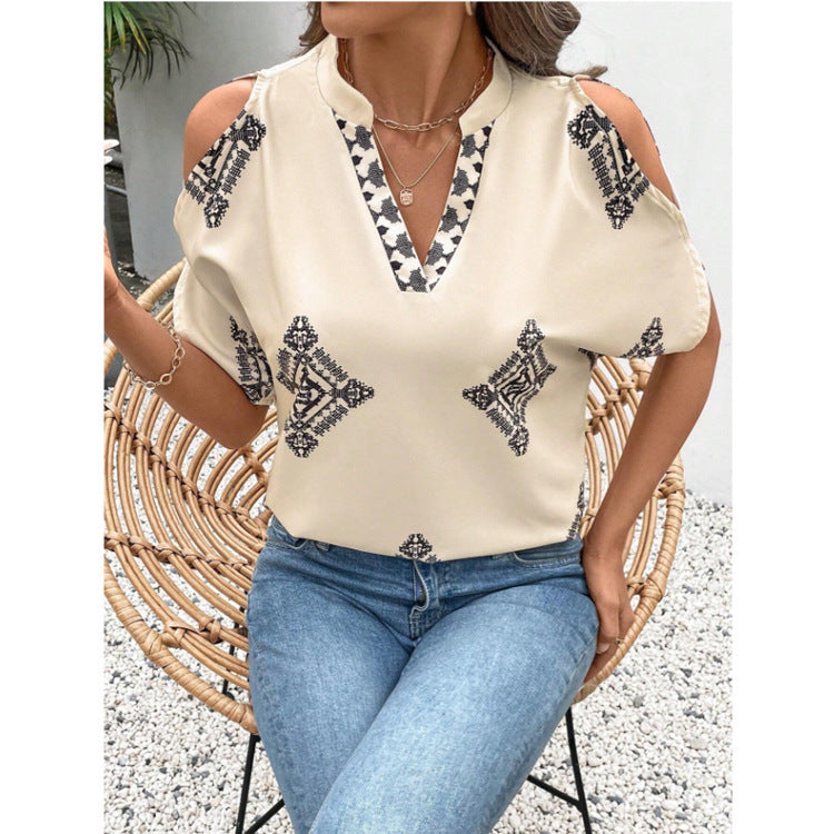 Women’s Casual Geometric Printed Short-sleeved Top - Apricot / S