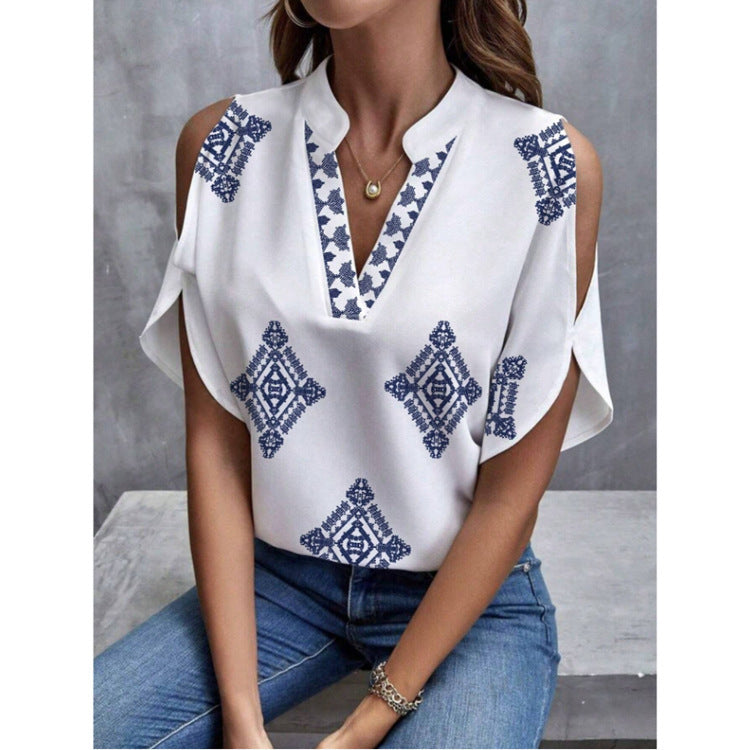 Women’s Casual Geometric Printed Short-sleeved Top - White / S