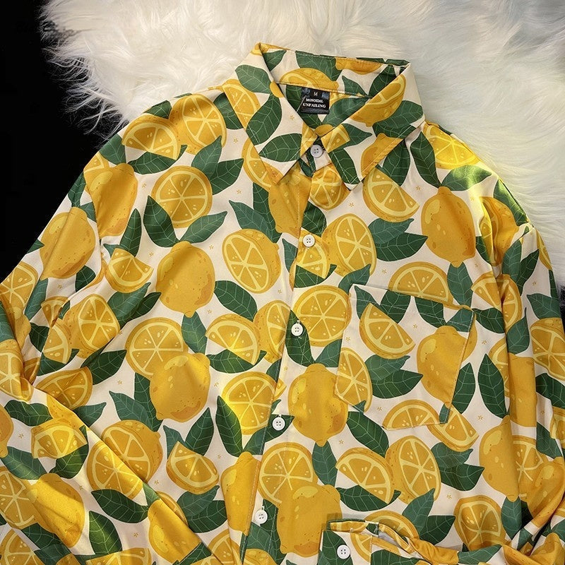 Pu Shuai Japanese-style Retro Hong Kong Style Printed Shirt Long Sleeve - 33005 Yellow / M