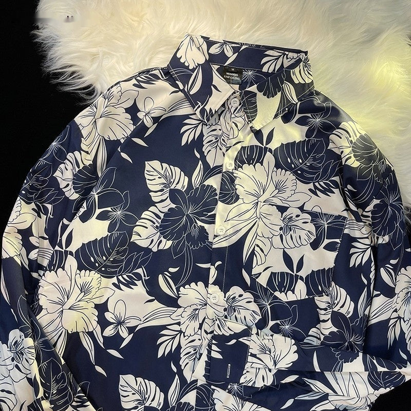 Pu Shuai Japanese-style Retro Hong Kong Style Printed Shirt Long Sleeve - 33008 Blue / M