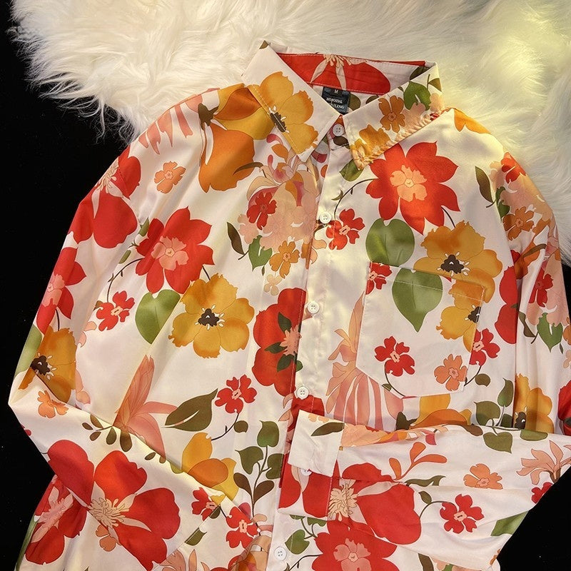 Pu Shuai Japanese-style Retro Hong Kong Style Printed Shirt Long Sleeve - 33012 White / M