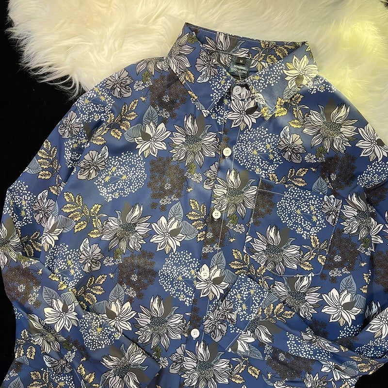 Pu Shuai Japanese-style Retro Hong Kong Style Printed Shirt Long Sleeve - 33015 Blue / M