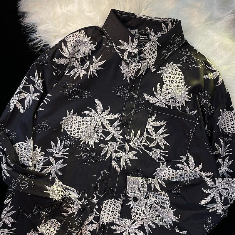 Pu Shuai Japanese-style Retro Hong Kong Style Printed Shirt Long Sleeve - 33017 Black / M