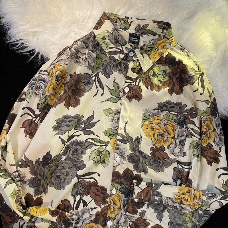 Pu Shuai Japanese-style Retro Hong Kong Style Printed Shirt Long Sleeve - 33021 Apricot / M