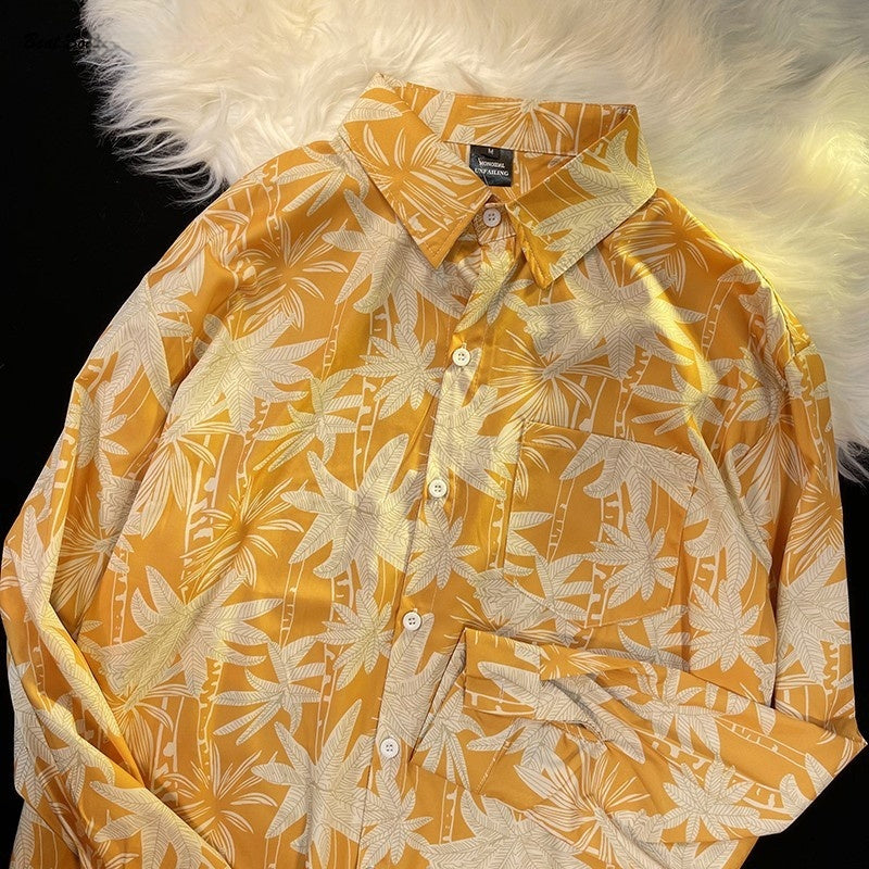 Pu Shuai Japanese-style Retro Hong Kong Style Printed Shirt Long Sleeve - 33022 Yellow / M