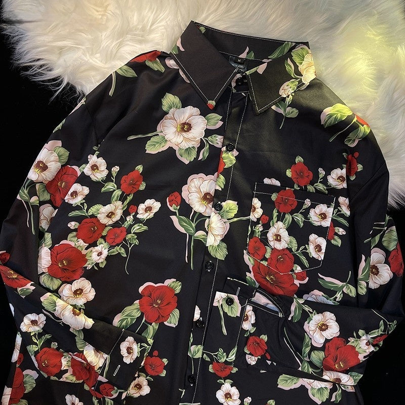 Pu Shuai Japanese-style Retro Hong Kong Style Printed Shirt Long Sleeve - 33023 Black / M