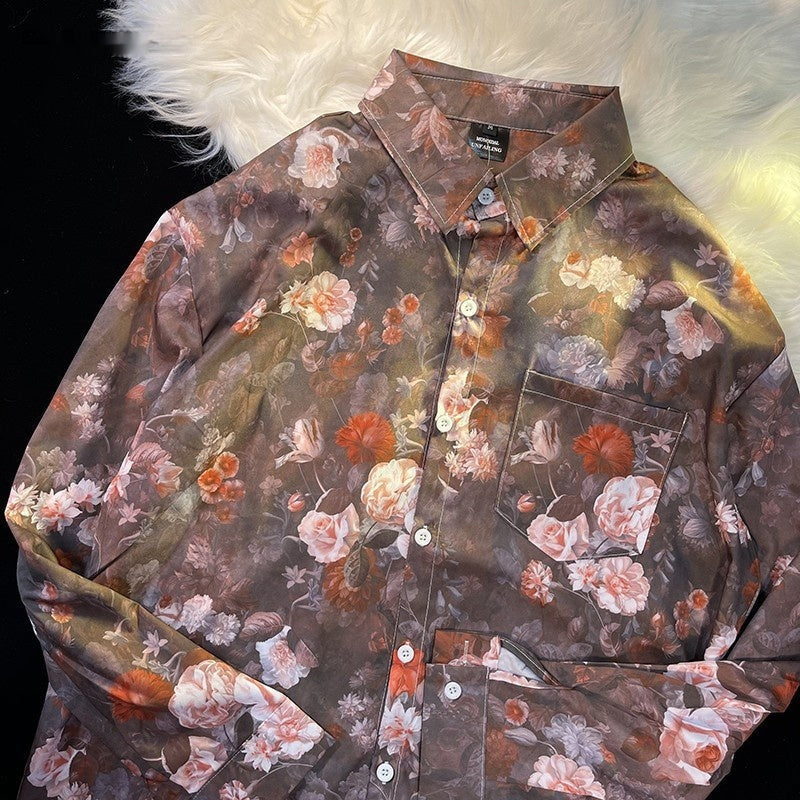 Pu Shuai Japanese-style Retro Hong Kong Style Printed Shirt Long Sleeve - 33031 Brown / M