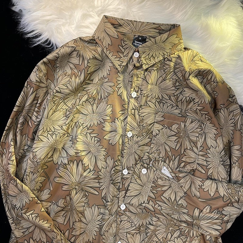 Pu Shuai Japanese-style Retro Hong Kong Style Printed Shirt Long Sleeve - 33032 Brown / M