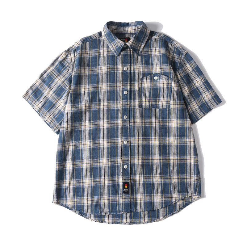 Summer New Japanese-style Retro Washed Yarn-dyed Plaid Short-sleeved Shirt - Plaid / M