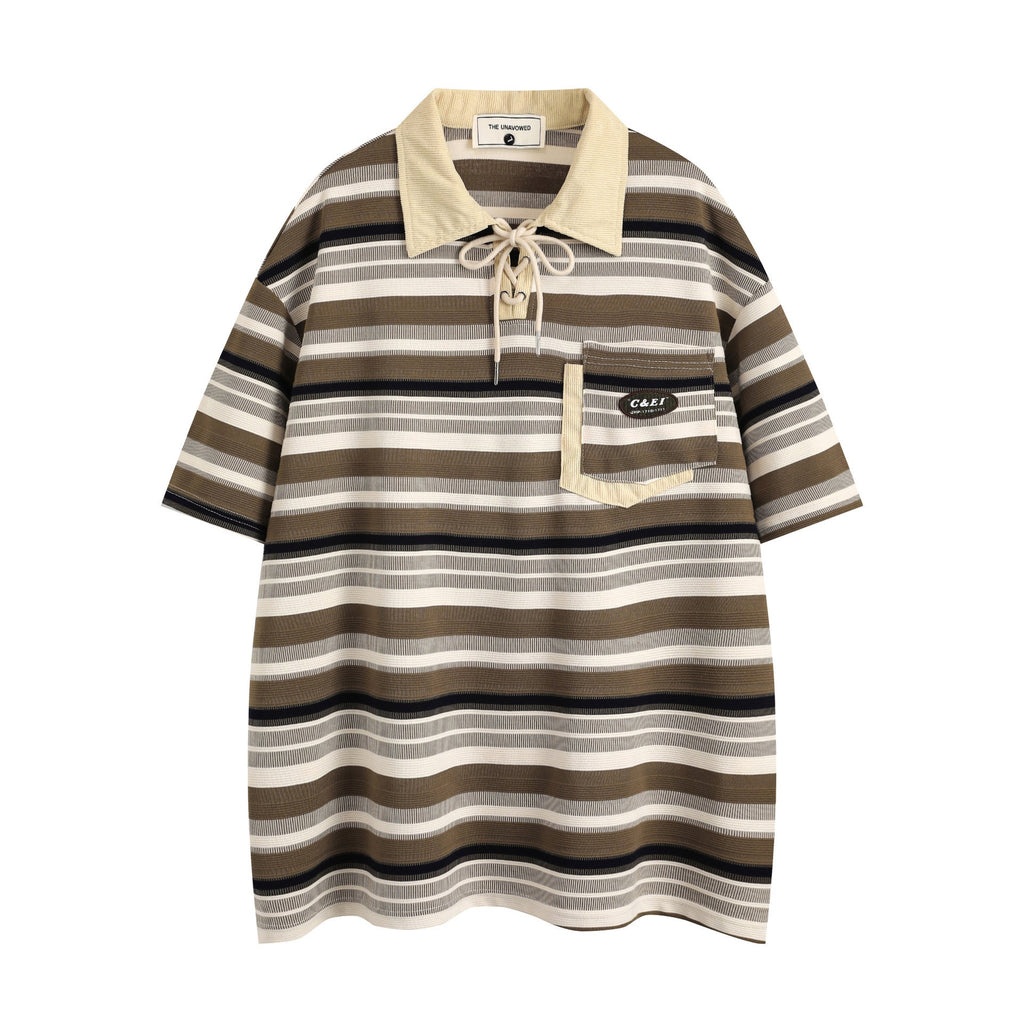 Retro Loose Striped Short-sleeved Polo Shirt For Men - Dark Brown / S