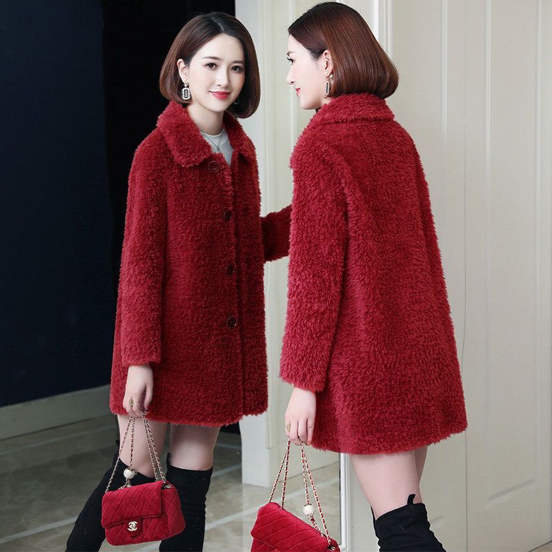 Women’s Thick Faux Cashmere Coat Mid-length - Wine Red / M