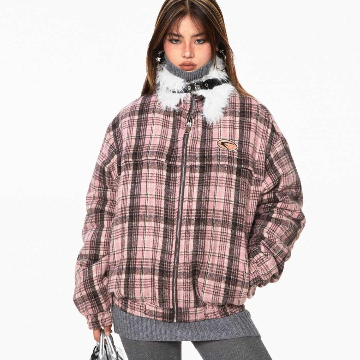 Retro Plaid Fur Collar Age-reducing Gray Loose All-match Design Cotton-padded Coat - Pink / M