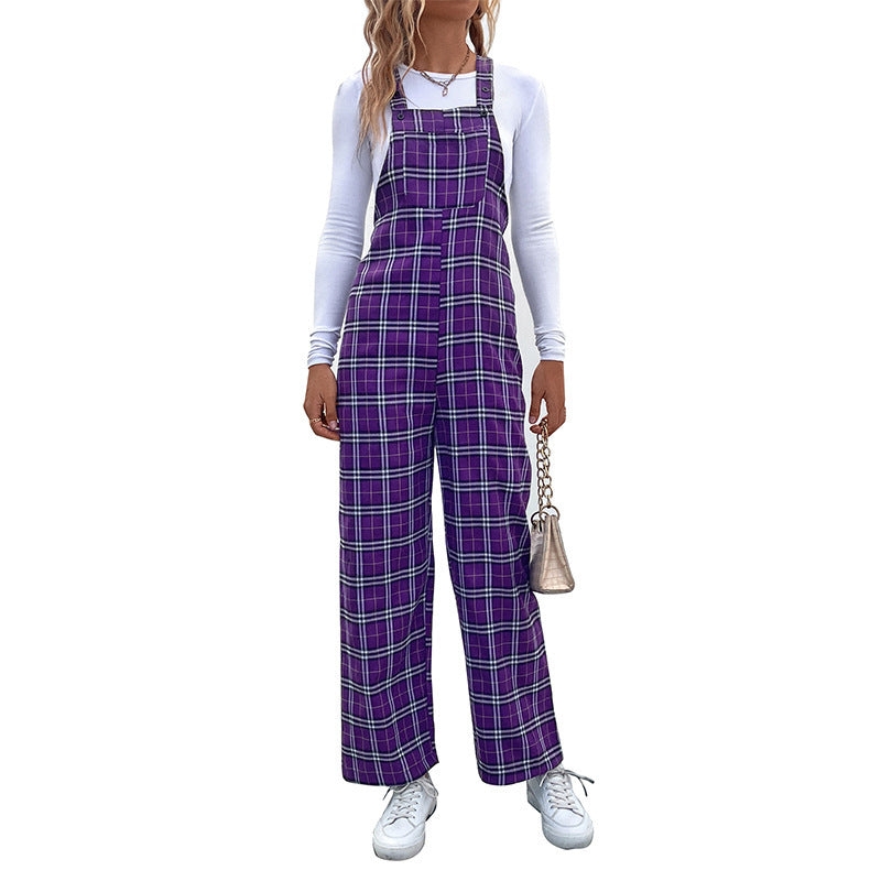 Plaid Spaghetti Straps Casual Jumpsuit Women’s Clothing - XS / Purple