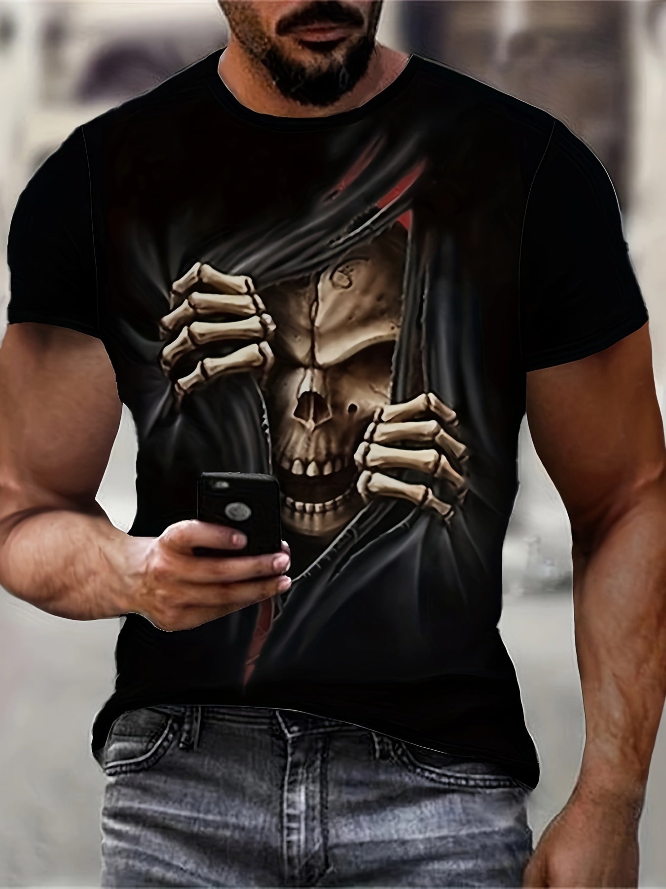 Men’s 3D Skull Printed T-shirt - Casual Short Sleeve Summer Outdoor Stretch Polyester Blended Machine Washable - 5