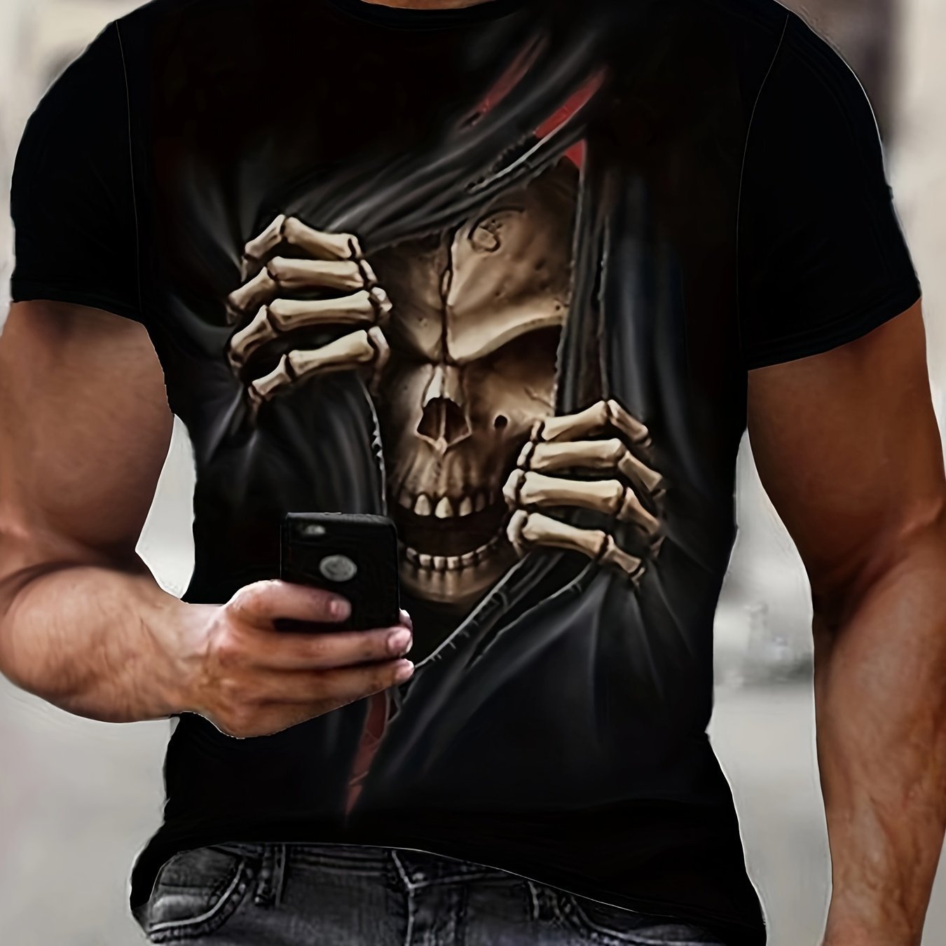 Men’s 3D Skull Printed T-shirt - Casual Short Sleeve Summer Outdoor Stretch Polyester Blended Machine Washable - 5