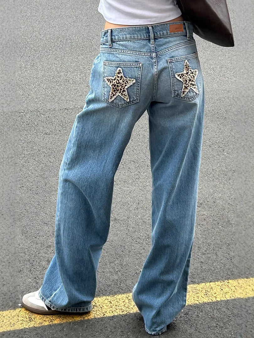 Retro Street Leopard Print XINGX Patchwork Stitching Straight Jeans - Washed Blue / S